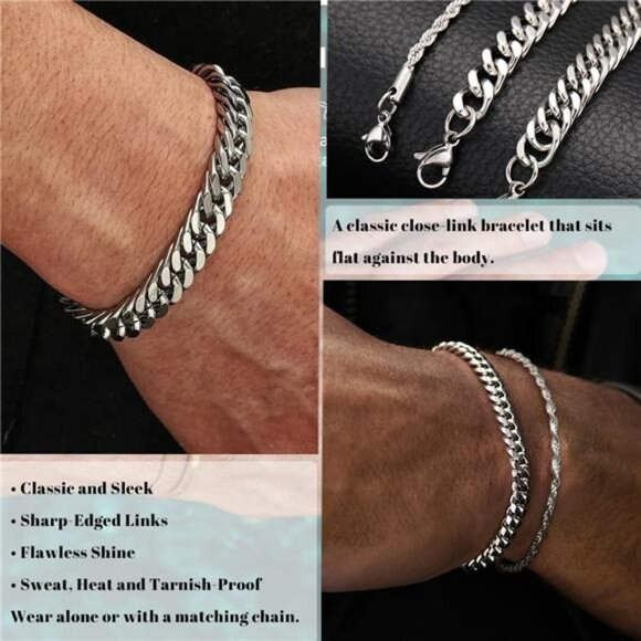 Mens Silver Cuban Chain Bracelet Set Stainless Steel Adjustable Waterproof - Picture 6 of 7